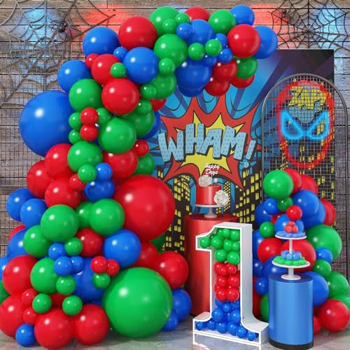 Red Blue Green Balloon Arch Garland Kit, 110 Pcs Green Red and Royal Blue Latex Balloons Kit for Kids Spider Inspired Birthday Baby Shower Graduation Boys Party Decorations