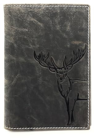 Lemasi echt Leder Etui Hülle Dokumenten Mappe für Angelschein, Schwerbehindertenausweis, Reisepass, Waffenschein, Jagdschein, Impfausweis usw. (grau Hirsch Quattro)