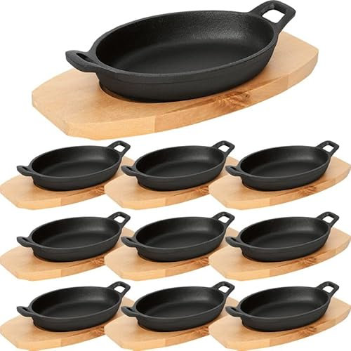 10x Servierpfanne mit Holzuntersetzer und Seitengriffen 15,5 x 9,5 x 3 cm Gusseisen