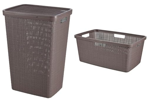 Curver Jute Woven Effect 70% Recycled Rectangular Laundry Hamper 58 Litres – Peppercorn + Curver Jute Woven Effect 70% Recycled Rectangular Laundry Basket 46 Litres – Peppercorn