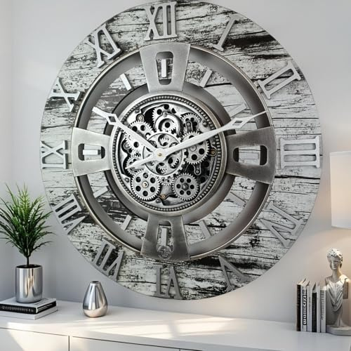 ImprovingLife The Gears Uhr 60 cm Echt Bewegliche Zahnräder Wanduhr England Line (Grau & Weiß, 60 cm)