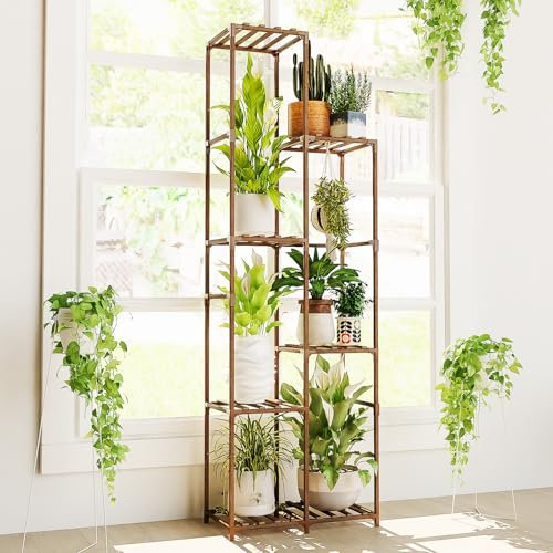 Bamworld Hoher Pflanzenständer für den Innen- und Außenbereich, Pflanzenregal aus Holz, Pflanzenhalter für mehrere Pflanzen, Blumenständer, Pflanzenregal, Wohnzimmer, Garten, Terrasse, Rasen, Fenster,