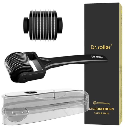 Dr.roller Dermaroller Cheveux, 1 mm Derma Roller Cheveux Repousse, Dermaroller Barbe 540 Micro-Aiguilles en Titane, Rouleau Barbe Homme, Microneedling Cheveux Barbe Visage (Poignée Droite Noir)