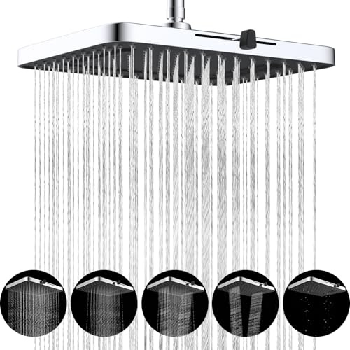 Hibbent Duschkopf mit 5 Strahlarten, 33 cm Hochdruck-Regenduschkopf, großer Wasserfall-Duschkopf fürs Badezimmer, fester Duschkopf, verstellbares Kugelgelenk, cUPC-zertifiziert, Chrom