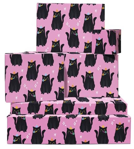 Geschenkpapier Katze – 6 Blatt Geburtstagsgeschenkpapier mit Anhängern – schwarze Katzen – rosafarbenes Geschenkpapier – mit Aufklebern – recycelbar – von Central 23