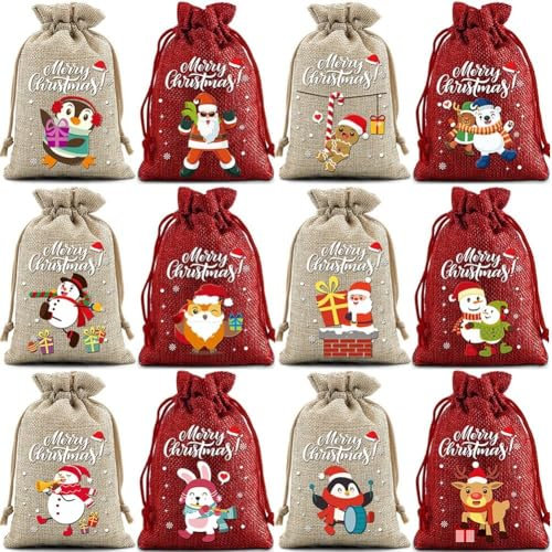 Festliche Jutebeutel, ideal für die Aufbewahrung von Süßigkeiten und kleinen Geschenken (Rot + Hanf), 12 Stück