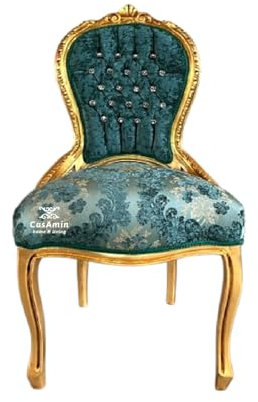 CasAmin Home & Living Akzentstuhl Esszimmerstuhl im Barocken Rokokostil, Türkisgrüner Samtstoff, Retrostuhl im Französischen Stil mit Goldfinish