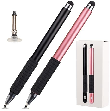Penna per Tablet Touch - Penna Ipad compatibile Samsung/Android/IOS - Superficie antiscivolo e punte intercambiabili- kit 2 stylus pen nero/rosa