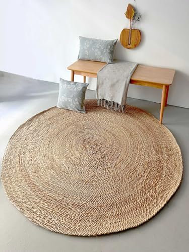 Gifiie Tapis Rond en Jute Naturelle, Tapis de Jute - 100% Écologique pour Votre Salon, Salle à Manger, Chambres et Cuisines fabriqué en Inde. (Naturel - Tressage Rond, 150CM)