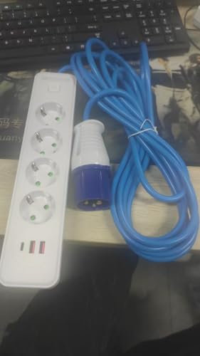 Enchufe empotrado con USB, enchufe empotrable con interruptor, 4 enchufes de mesa, regleta con 2 USB A+1 USB C, regleta con enchufe CEE para camping, cocina, caravana, tienda de campaña, cable blanco