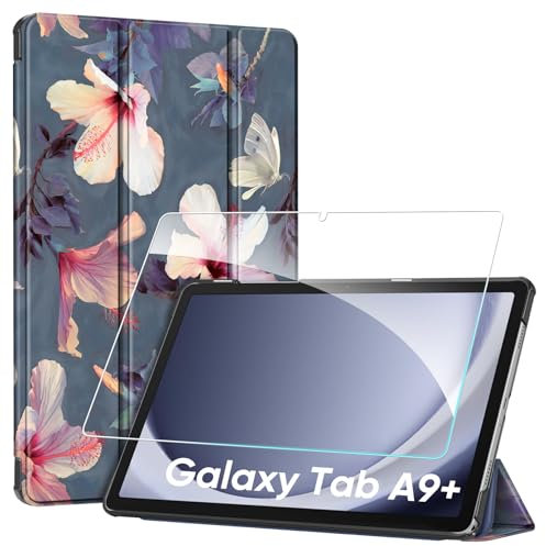 FINTIE Coque pour Samsung Galaxy Tab A9 Plus (Tab A9+) 11 Pouces 2023, Étui Rigide Housse Fine Légère Rabat Pliable avec Verre Trempé, Fleur Hibiscus