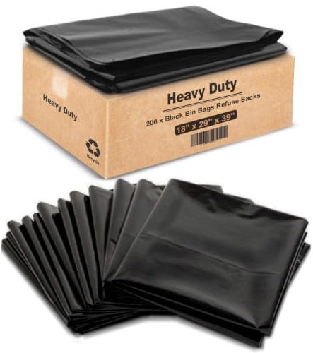 G4GOODS® 200 Pack Flat Top Heavy Duty Black Bin Liners 100L 35 Micron/140 Gauge Eco-Friendly Garbage Bags for Home Office Kitchen Use (18x29x39)