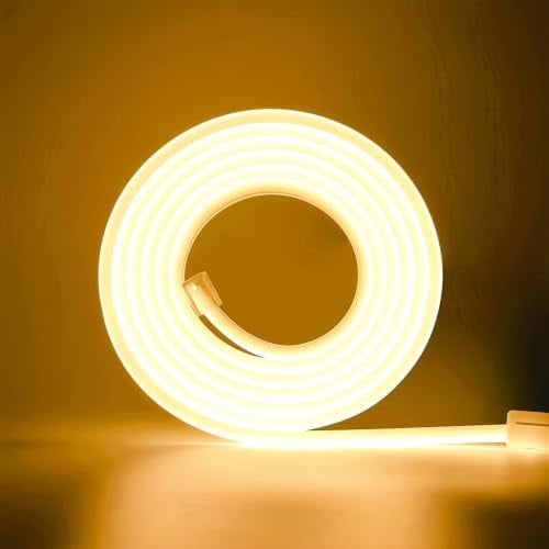 ANSIEN® Bandes LED Neón 220V (Blanc Chaud,3M),Chaque Coupe de 10cm 12W/m Cordon lumineux COB IP65 Étanche Avec Prise et Adhésif,Ruban LED Neón pour Maison,Bar,Restaurant