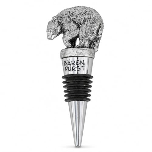 ReWu Weinflaschenverschluss Bärendurst Silber – dekorativer Flaschenstopfen mit Bär Figur, Weinkorken mit Dichtung für Wein, Sekt & Spirituosen, Geschenkidee für Weinliebhaber, 5 x 2,3 x 10 cm