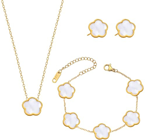 GWAWG Vierblättriges Kleeblatt Schmuck Set Damen Elegantes Gold Schmuckset Kleeblatt Kette Armband Ohrringen Geschenk für Frauen Geburtstag Muttertag Valentinstag Weihnachten