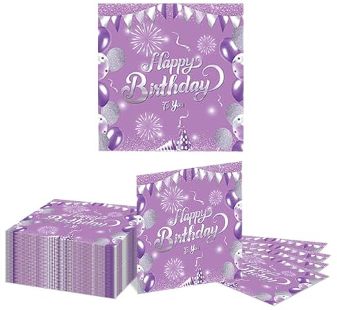 GlamRays 40 Stück Happy Birthday Servietten Lila und Silber Thema Einweg Papier Servietten für Dinner Picknick Cocktail Geburtstags Party Bedarf Dekorationen für Männer Frauen(Lila)