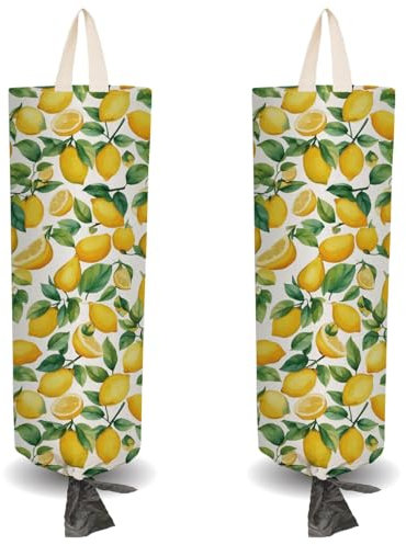 CRASPIRE 2 Soporte Bolsas Plástico Tela Forma Limón Amarillo 4 Ganchos Adhesivos Organizador Comestibles Reutilizable Lavable Colgar En la Pared Dispensador Bolsas Basura la Compra Armario Cocina