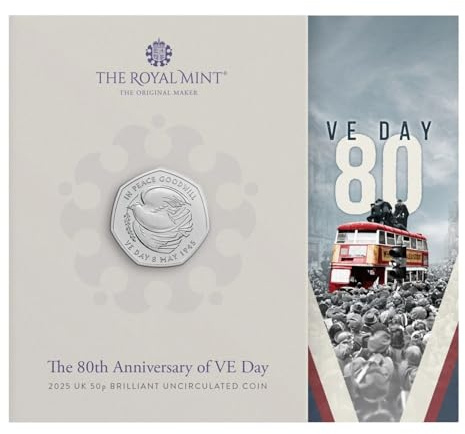 CrawleyCoins 2025 VE Day 80th Anniversary Brilliant Uncirculated Coin in Royal Mint Sealed Pack