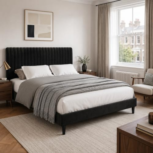 HOMBCK King Bed Frame with Headboard, 150 x 200, Black | Upholstered Bed, Velvet, Adjustable Height, Wooden Slat Support, No Box Spring Needed
