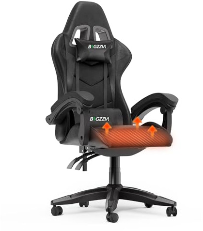 Racingreat Gamer Stuhl Beheizter, Gamer Stuhl mit Kopfstütze und Lendenwirbelstütze, Höhen-und Neigungsverstellung, 130 kg Belastbarkeit, PC Gaming Stuhl für Gaming Büro Jugendliche (Schwarz)