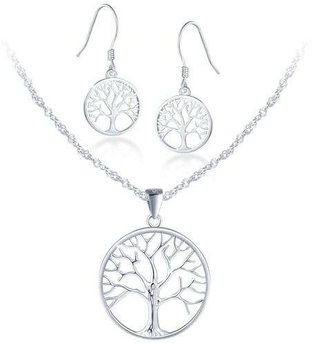 MICMIF Tree of Life Set Silver 925 for Women Dangle Earrings and Necklace, Round Pendant Family Tree Jewelry Set for Girlfriend Mum Wife