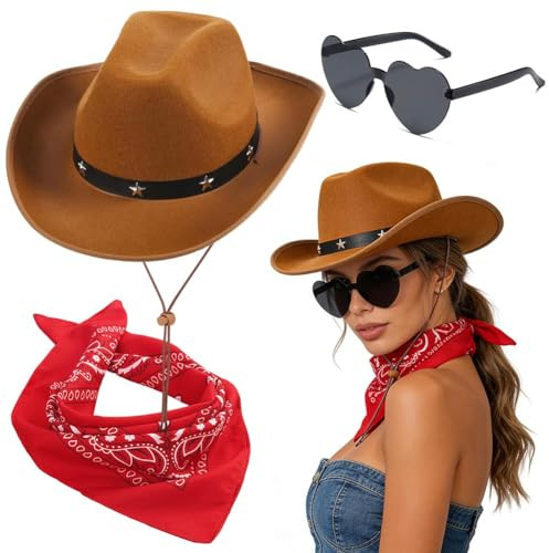 FCXVXCL Cowboy Hut Set für Damen Cowboyhut Zubehör Set Cowgirl Accessoires mit Sonnenbrille und Halstuch Breite Krempe Kostüm Accessoires für Karneval Mottoparty Westen Kostüm