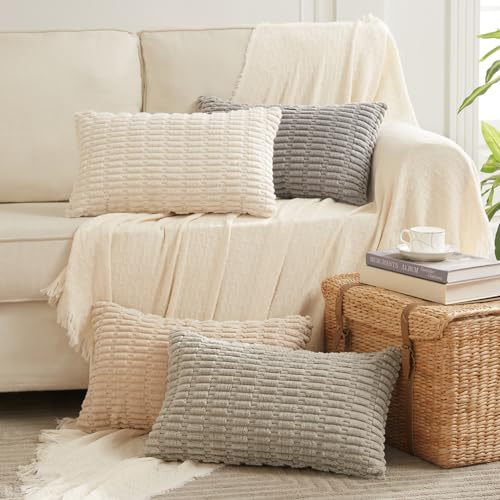 FDTERN 4er Set Boho Kissenbezug 50x70 Neutral Flauschig Kissenbezüge Kordsamt Kissenhülle Dekokissenbezug Sofakissen Dekokissen Deko für Sofa Schlafzimmer Wohnzimmer Grau Taupe Beige Farbverlauf