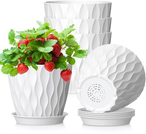 WSMKSZ 12.7cm Plant Pots Indoor, 5 Pack Small Plastic Flower Pots, White | Decorative Nursery Pots with Saucers & Drainage Holes, 3D Modern Wave Texture, for Succulent, Herbs & House Plants