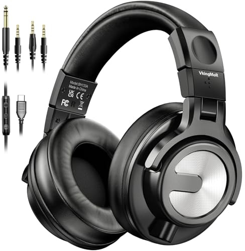 VkingMoR Studio Headphones, DJ Headphones Professional with 50mm Drivers, Over Ear Headsets Wired with 6.35mm/3.5mm/USB-C Jack for Studio Monitor & Mixing DJ Podcast Guitar AMP Piano Keyboard