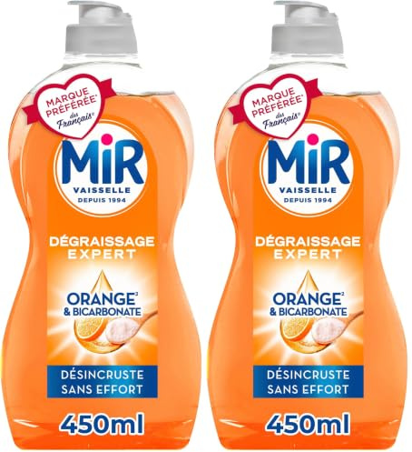 Mir Vaisselle - Bicarbonate & Orange - Dégraissage Expert - Efficace à Froid - Bicarbonate de Soude - Sans Conservateurs - Sans Allergènes Parfum - Marque Préférée des Français - Bouteille de 450 ml