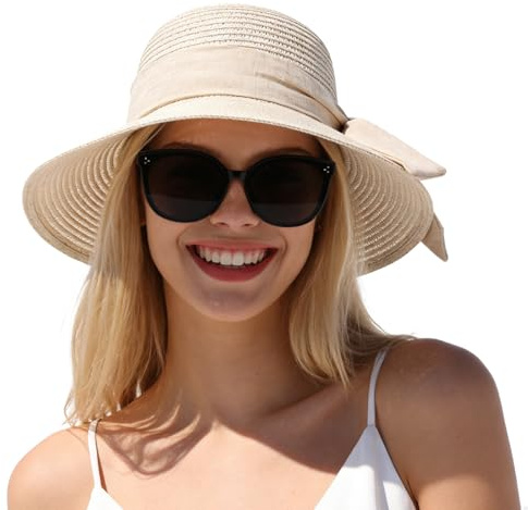 LHHMZ Womens Wide Brim Straw Hat, Summer Beach Sun Hats, Foldable Outdoor Summer Beach Hat Beige