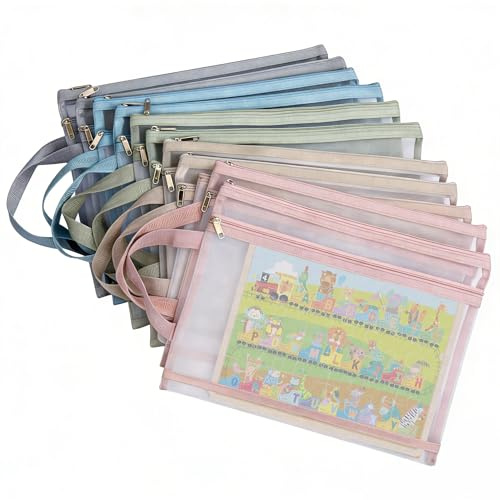 10 PCS A4 Mesh Zipper Pouch Bags, Double-Layer Nylon Mesh Zipper Pouch Storage Bags, 5 Colours Breathable See-Through Storage Bags with Handle, Toy & Puzzle Organiser for School Office Home Games
