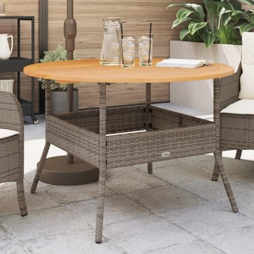 HFXHIJXQ Gartentisch rund 110 cm Akazienholzplatte & graues Poly Rattan Gestell wetterfest für Balkon Terrasse und kleinen Garten Esstisch mit pflegeleichtem Design für Outdoor Lounge