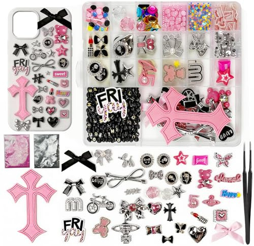 FuYelng 2380 Stück DIY Handyhüllendekoration mit Aufbewahrungsbox Pinzette | DIY-Zubehörset für Handyhüllen Nagel Charms Dekorations 3D Nail Dekorationen, für Schlüsselanhänger Fotoalben Usw