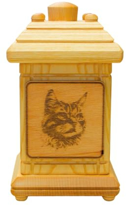 Würdevolle schlichte Tierurne, Urne für Katzen, Andenkurne Katze, Katzenandenken, Aschebox für Katzen, Andenkbox, Holzurne groß, Urne mit Katzenmotiv aus massivem Buchenholz, L/B/H 12 x 12 x 20 cm.