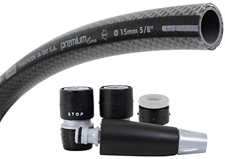 TATAY Manguera de Jardín PREMIUM con Kit de Riego, 20 Metros, 5/8 15mm de Díametro, de 4 Capas PVC Poliester, Resistencia 39 Bares y -20º a 60º, Antitorsión, Antialgas, Libre de BPA.