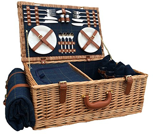 Red Hamper FH063 Picknickkorb für 4 Personen blau Tweed, Braun, 38 x 58 x 22 cm