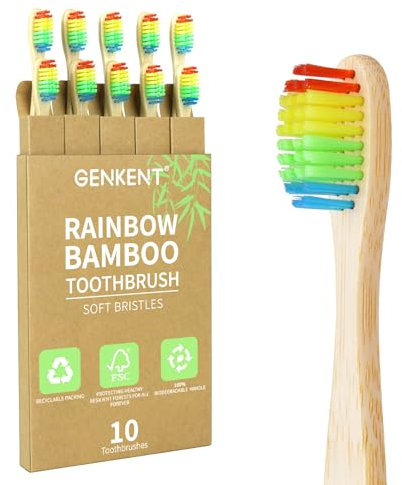 Genkent Zahnbürste aus natürlichem Bambus, mit Nylonborsten, Regenbogenfarben
