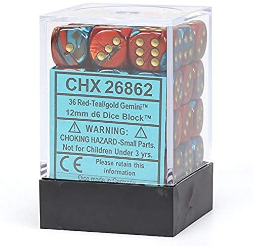 Chessex Gemini 12mm d6 Dice Blocks with pips Dice Blocks (36 Dice) - Red-Teal with Gold