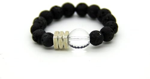 Lava-Kugelring (elastisch) in Schwarz mit versilbertem Metall-Würfel und transparenter Bergkristall-Kugel moderner Lavaschmuck #026 Allira