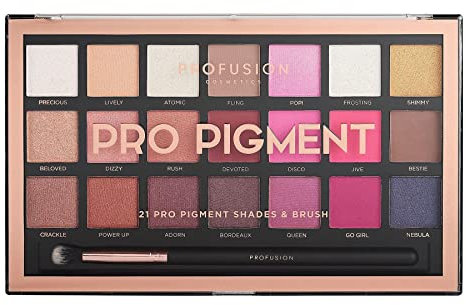 Profusion Cosmetics Pro Pigment 21 Shade Eyeshadow Palette + Free Pro Series Brush (high-impact blendable shimmering opals and rich berries to pinks and violets)