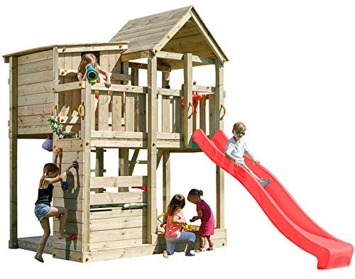 DEMMELHUBER Spielturm Palazzo mit Rutsche Kletterturm Sandkasten Spielhaus Lenkrad Kletterwand (Rot)