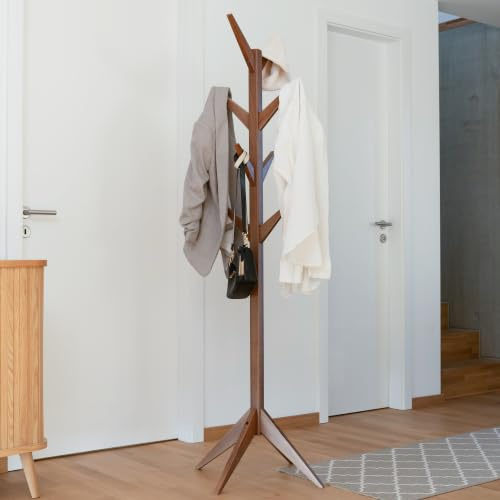Staboos 2er Set Massivholz Kleiderständer Stabil Garderobenständer Nussbaum | Mittelstab am Stück, Wasserlack, ohne Bohren, Kleiderständer Baum-Form für Flur, Standgarderobe mit Ästen, Jackenständer