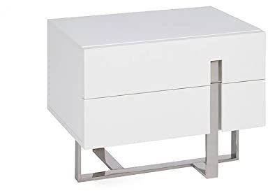 Angel Cerdá - Table de Chevet Blanche en MDF Laqué Brillant et Pieds en Acier Inoxydable - Design Moderne avec 2 Tiroirs à Fermeture Douce - Idéal pour Les Espaces Nuit Minimalistes - 60 x 42 x 45 cm