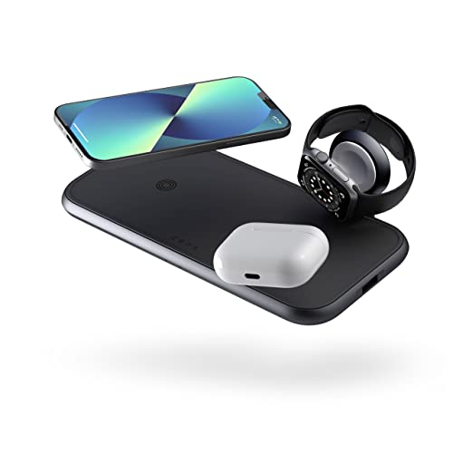 ZENS Qi-zertifiziertes, 4in1 duales kabelloses Ladegerät aus Aluminium mit 30cm Apple Watch Ladekabel (Apple & Samsung Fast Charging, Zusätzlicher USB Port, Inklusive 45W PowerDelivery Netzstecker)