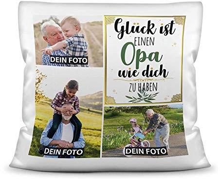 PR Print Royal Kissen mit Füllung - Fotocollage selbst gestalten mit Spruch für Opa - GLÜCK - mit DREI eigenen Fotos - Geschenkidee Fotokissen - Kissen Polyester - Weiß