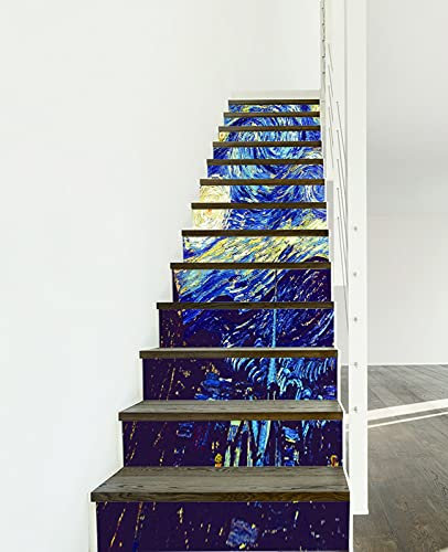 A.Monamour Treppenaufkleber Folie Selbstklebend 3D Sternennacht Von Vincent Van Gogh Ölgemälde Drucken Vinyl Wasserdicht Treppe Aufkleber Fliesenaufkleber Abziehbilder Wandaufkleber 13 Stück Set