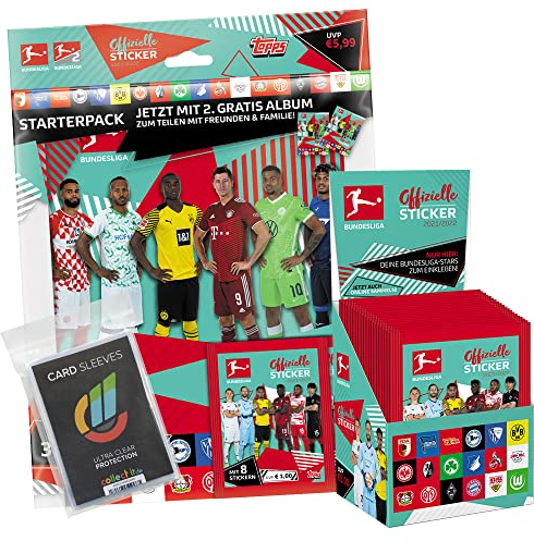 Collect-it Topps Bundesliga Sammelsticker 2021/22-1 Display (50 Tüten) + Starterpack + 40 Hüllen Sleeves