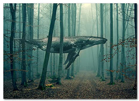 ZHANGWEIART Poster Wandbilder Abstrakter Wal, der im Wald schwimmt, Druckposter, Bäume, Frühlingslandschaft, kreative Wohnkultur, Bildkunst 60x90cm