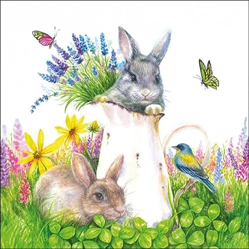 20 Servietten Hasen erfreuen sich am Frühling |Tiere | Ostern | Frühling | Sommer | Tischdeko 33x33cm